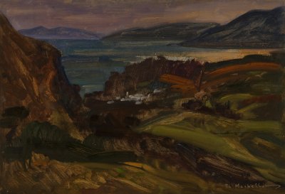 Fantasy Island Landscape, Sunset — Oil painting, Fiberboard, 36.00×51.00cm — Theodoros Markellos